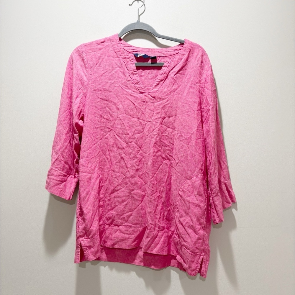 LANDS’ END Women’s Pink Linen Blend 3/4 Length Sleeve Pocket Tunic Top Size M